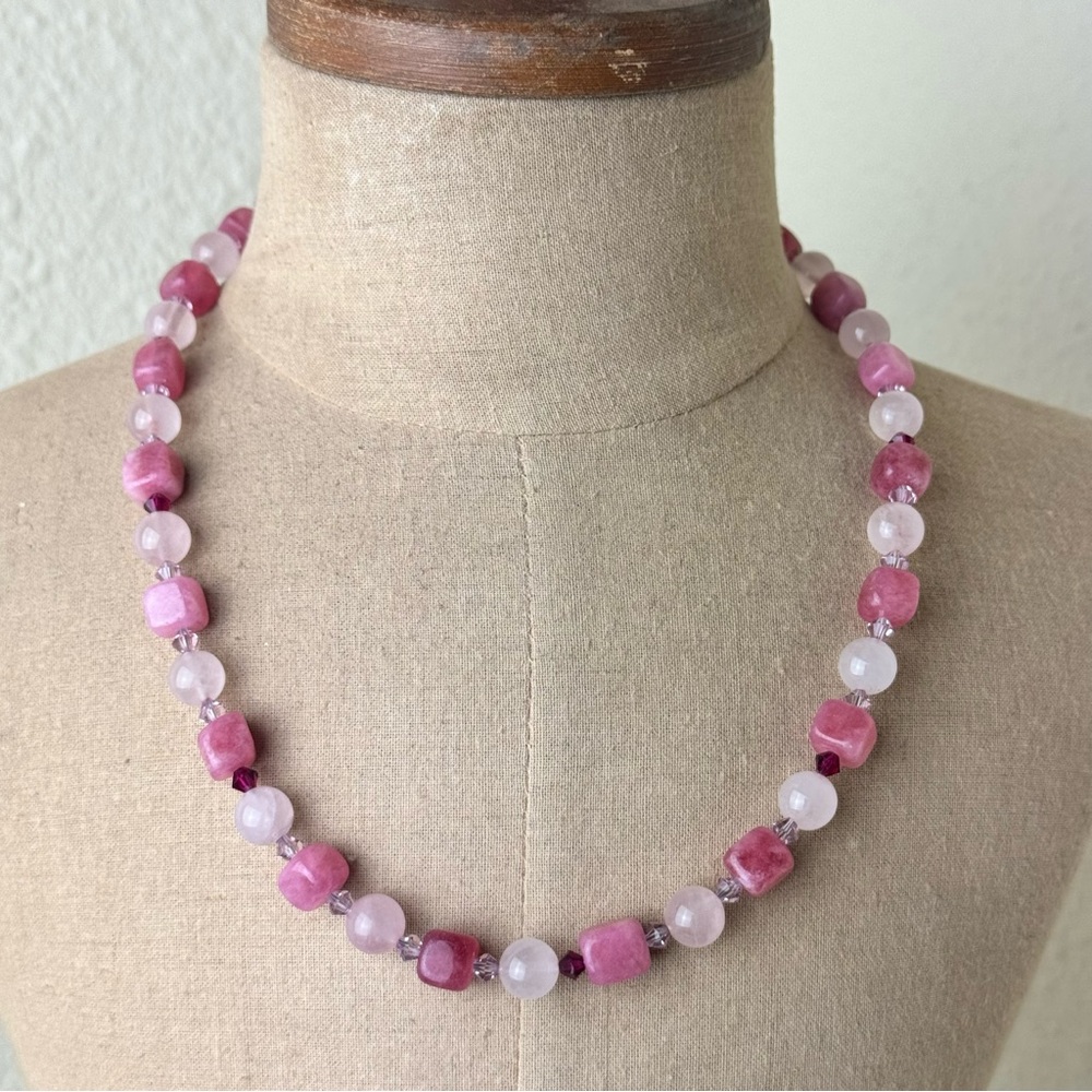 Pink quartz and crystal beaded necklace pewter toggle clasp new handmade